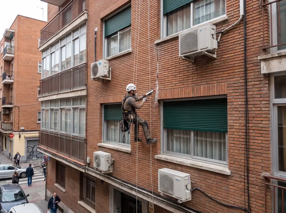 Técnico descolgado por cuerda sellando una junta vertical en una fachada de ladrillo