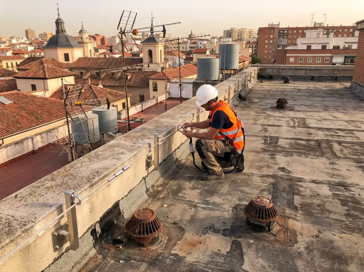 Cable de acero tendido entre postes de anclaje sobre la cubierta plana de un edificio, con un técnico enganchado por el arnés